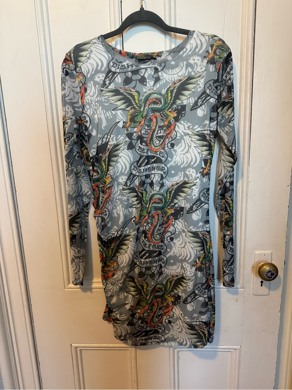 Ed Hardy Gray Long-Sleeve Dragon Print Dress